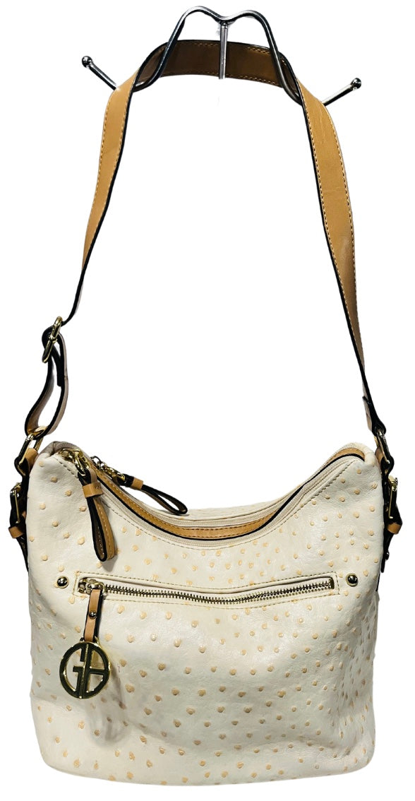 Cream/Brown Ostrich Embossed Pleather Handbag